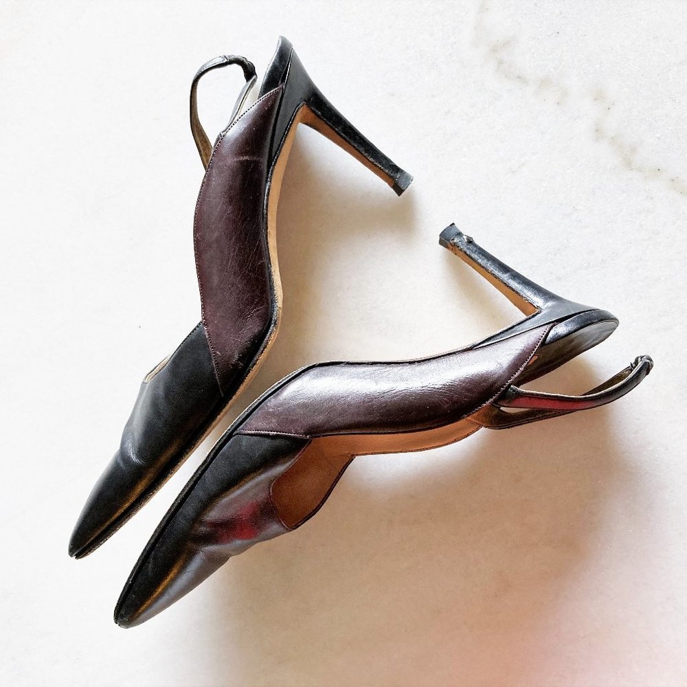 Manolo Blahnik black & brown leather slingback heels, pointed toes, stiletto - Picture 9 of 10